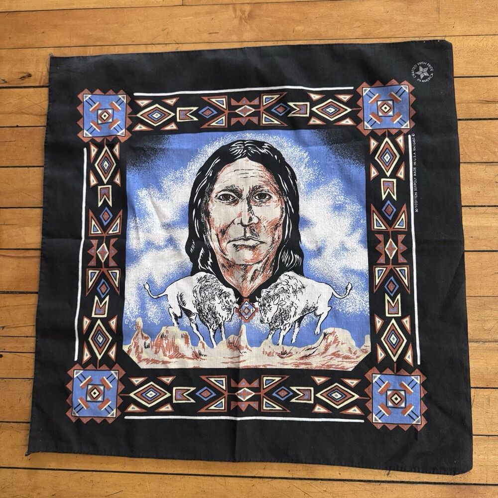 Vintage Bandana Native American Ram Southwestern  Aztec Tribal 80s USA Black Vtg